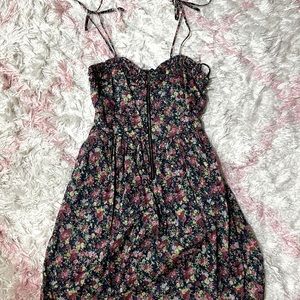 Floral black mini dress with ribbon ties